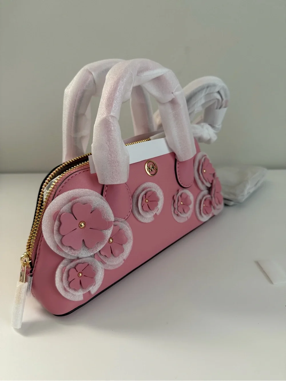 Michael Kors Pink Floral Appliqué Satchel with Gold-Tone Logo